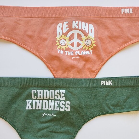 PINK Victoria's Secret Lot of 2 Thong Panties 'Be Kind & Choose Kindness' Medium - Picture 2 of 9